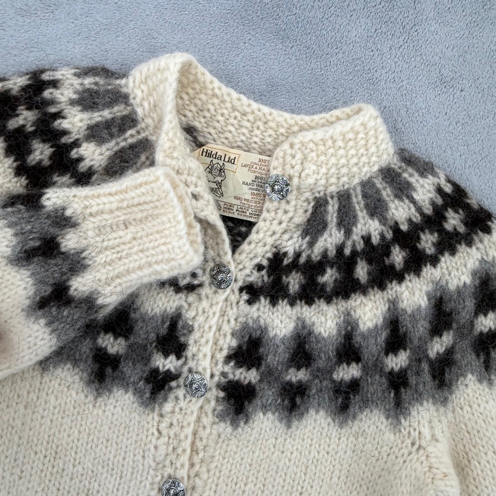 Hilda Womens Small Knit Pure Wool Nordic Fair Isle Cardigan Sweater Vintage